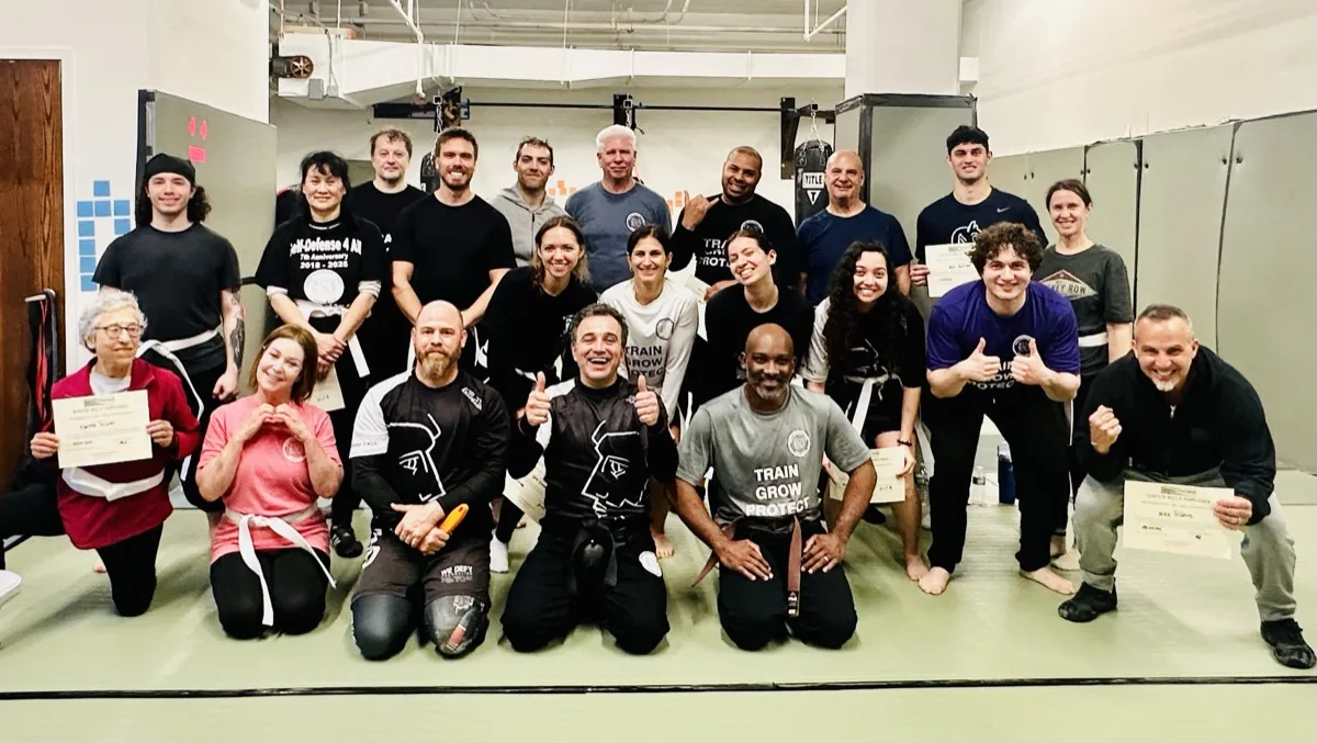 Adults training Krav Maga together in a live class at SD4ALL, Cedar Knolls NJ